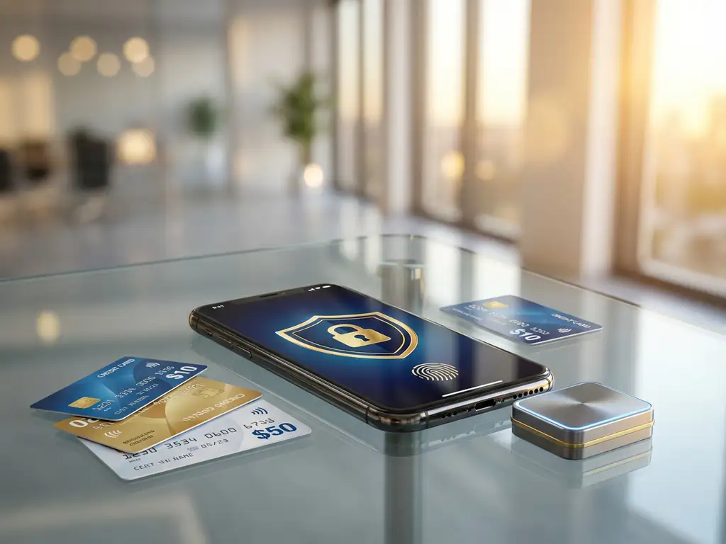 Smartphone mit Sicherheitsschild-Symbol auf Glasschreibtisch, umgeben von Prepaid-Kreditkarten und digitalem Sicherheitsschloss