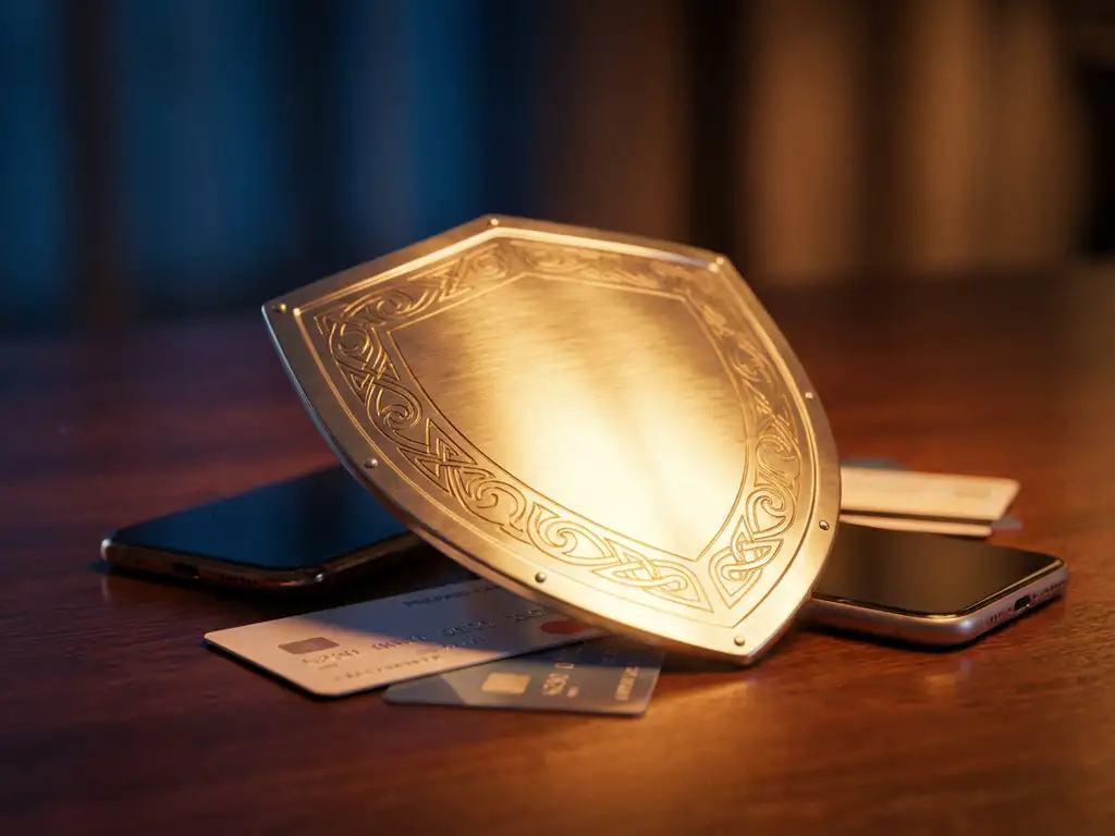 Metallschild schützt Prepaid-Karten und Mobiltelefone auf dunkler Holzoberfläche mit warmem goldenen Licht