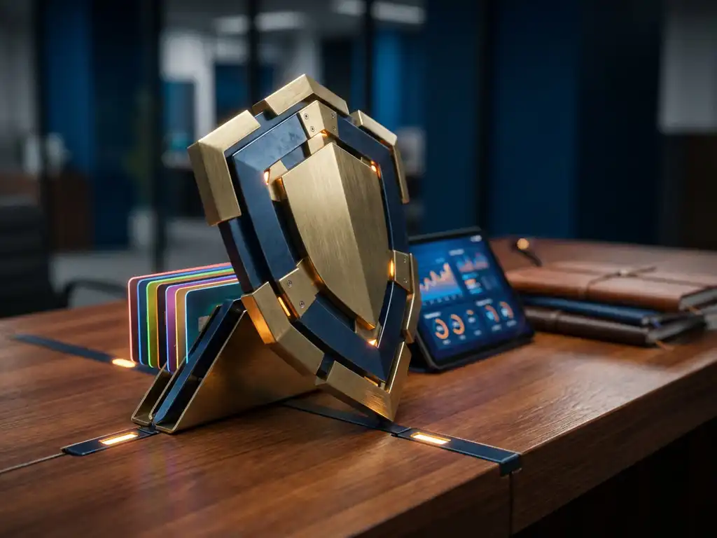 Metallschild schützt bunte Prepaid-Karten auf modernem Bankschreibtisch mit Sicherheitsanalytik auf Tablet