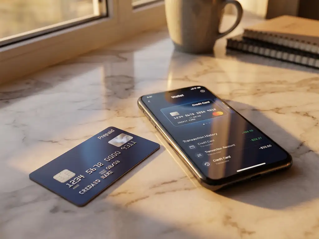Zwei Zahlungskarten auf polierter Marmoroberfläche, eine geprägte Prepaid-Karte und ein Smartphone mit digitaler Geldbörse