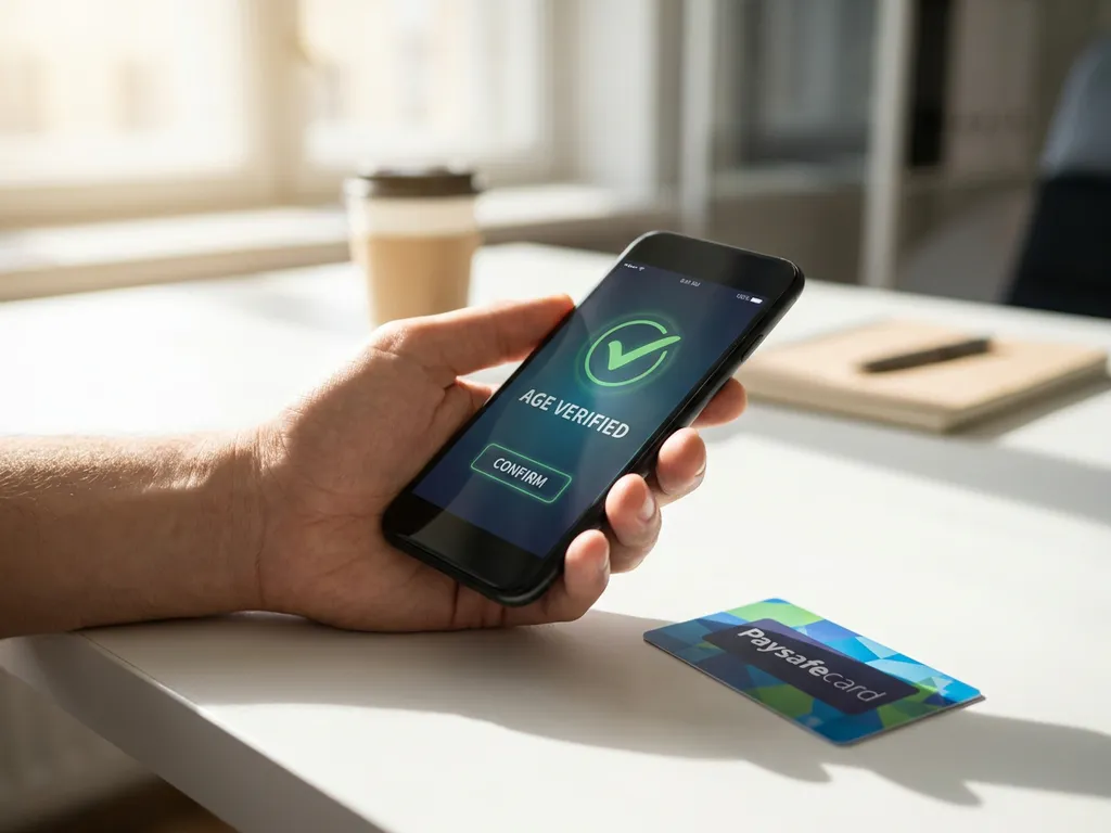 Hand hält Smartphone mit Altersverifikations-Bildschirm neben blau-grüner PaysafeCard auf weißem Schreibtisch bei Tageslicht