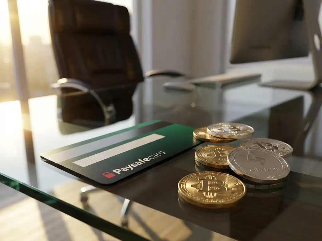 PaysafeCard mit grün-schwarzem Design neben Bitcoin- und Ethereum-Münzen auf Glasschreibtisch bei warmem Sonnenlicht