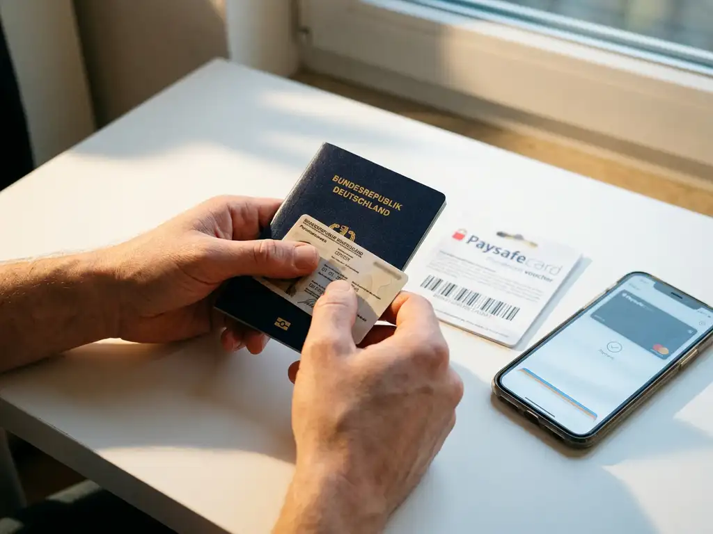 Hände halten deutschen Reisepass und Personalausweis über weißem Schreibtisch mit PaysafeCard-Gutschein und Smartphone