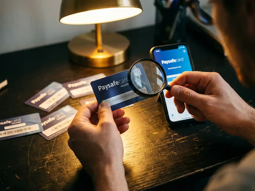 Hände prüfen echte PaysafeCard unter Schreibtischlampe, Smartphone zeigt offizielle App, gefälschte Karten und Lupe auf Holztisch