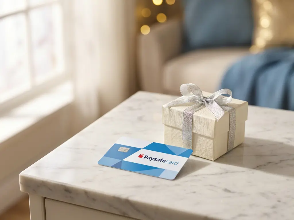 PaysafeCard Geschenkkarte auf weißer Marmoroberfläche neben verpacktem Geschenk mit silbernem Band