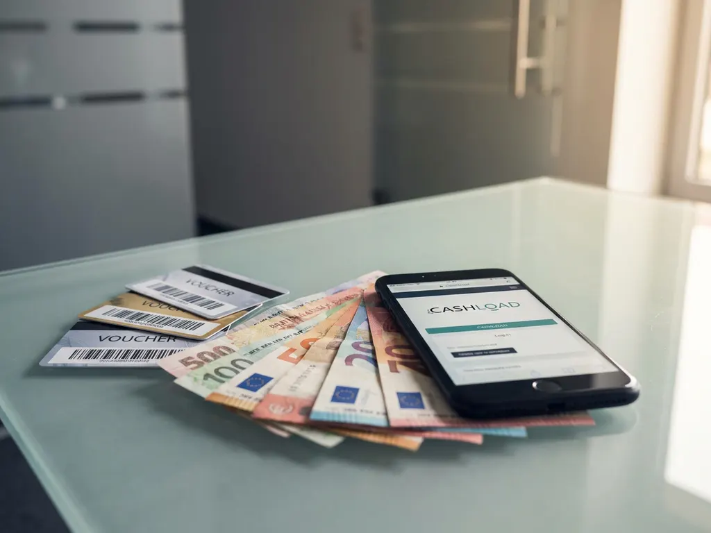 Bunte internationale Banknoten und PaysafeCard-Gutscheine auf Glastisch mit Smartphone zeigt cashload.com Interface