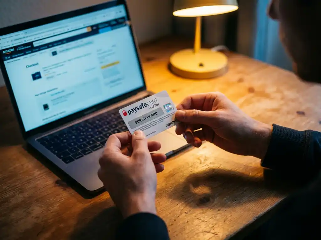 Hände prüfen PaysafeCard-Gutschein mit silbernem Rubbelfeld unter Schreibtischlampe neben Laptop mit Online-Shop