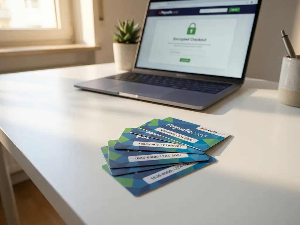 Fünf PaysafeCard-Gutscheine aufgefächert auf weißem Schreibtisch mit Laptop im Hintergrund in modernem Arbeitsplatz