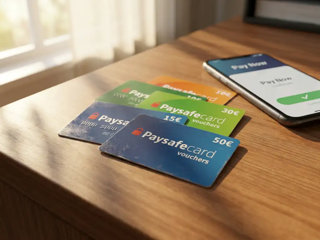 Bunte PaysafeCard-Gutscheine verschiedener Werte liegen auf modernem Holzschreibtisch neben Smartphone mit Zahlungsschnittstelle
