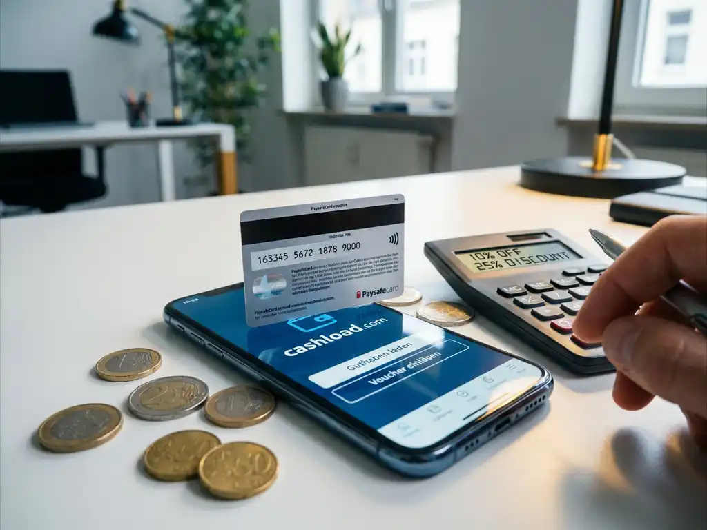 PaysafeCard-Gutschein auf Smartphone mit cashload.com-Interface, umgeben von Euro-Münzen und Taschenrechner auf weißem Schreibtisch