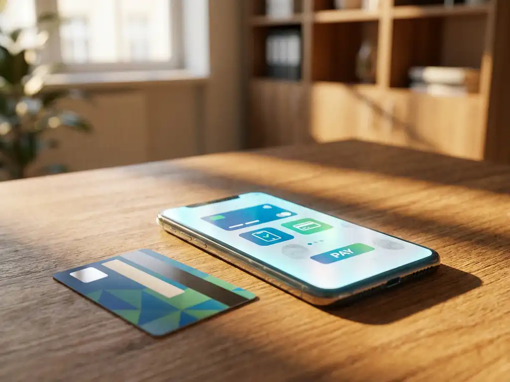 Smartphone mit PaysafeCard-Kaufoberfläche und physische PaysafeCard auf Holzschreibtisch bei natürlichem Licht