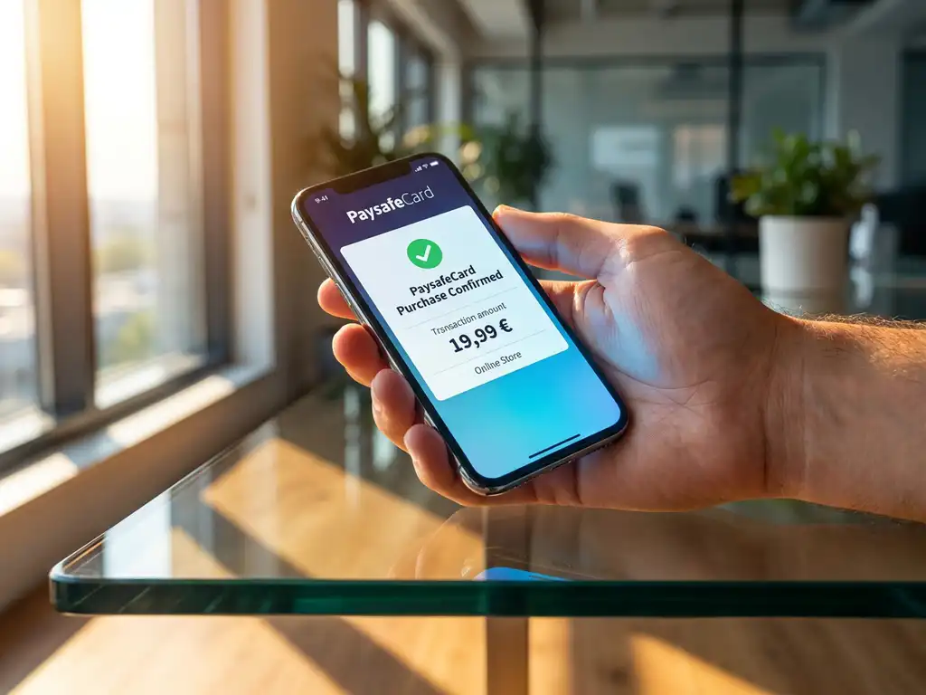 Smartphone zeigt PaysafeCard-Kaufbestätigung auf Glasschreibtisch mit warmem Fensterlicht und Handhaltung