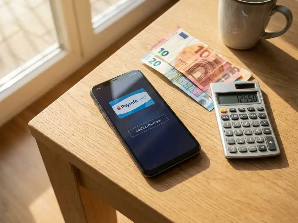 Smartphone mit PaysafeCard-Kaufoberfläche auf Holzschreibtisch neben Euro-Banknoten und Taschenrechner bei warmem Tageslicht