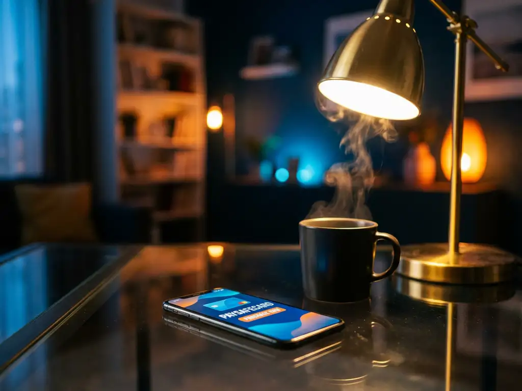 Smartphone mit PaysafeCard-Kaufoberfläche auf Glasschreibtisch neben Kaffeetasse in warmem Bürolicht