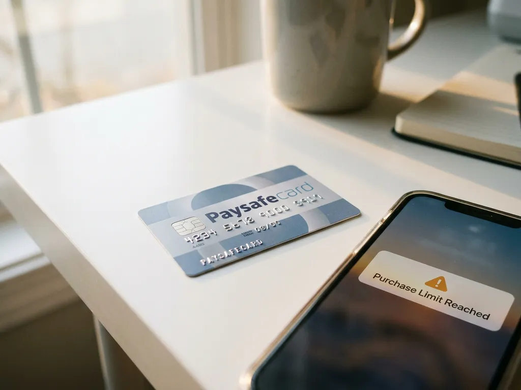PaysafeCard-Gutschein auf weißem Schreibtisch neben Smartphone mit Kauflimit-Benachrichtigung bei natürlichem Tageslicht