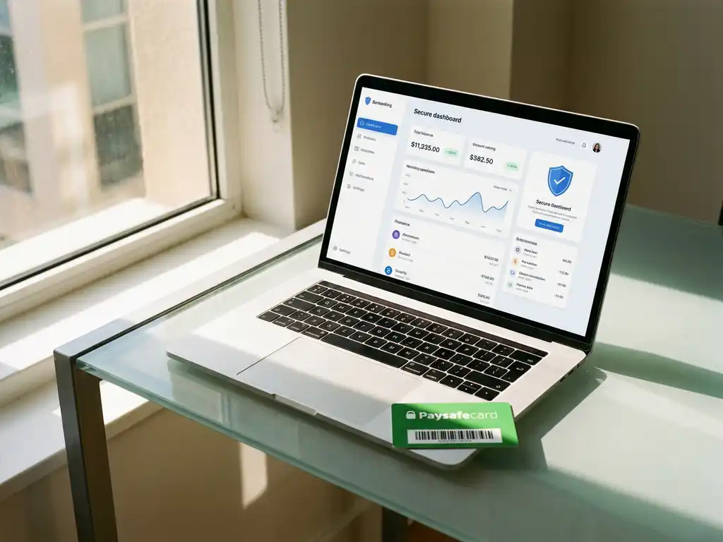 Silberner Laptop mit Banking-Interface und grüne PaysafeCard auf Glasschreibtisch bei natürlichem Licht
