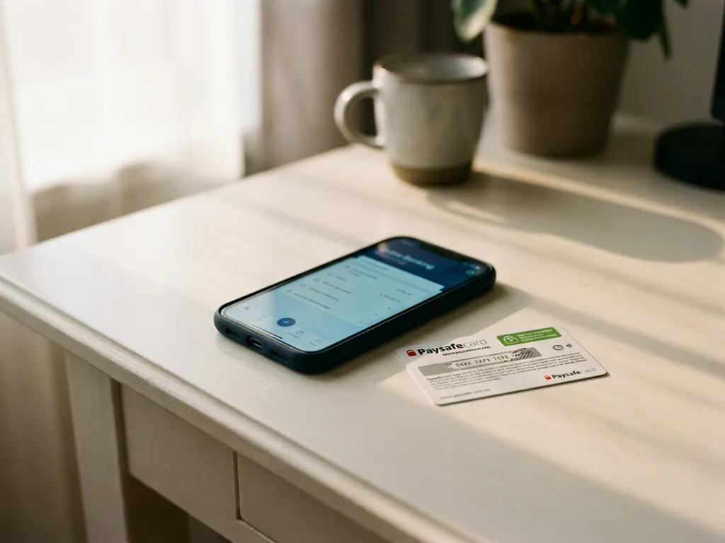Smartphone mit Online-Banking-App und PaysafeCard mit teilweise freigerubbeltem Silberfeld auf weißem Schreibtisch
