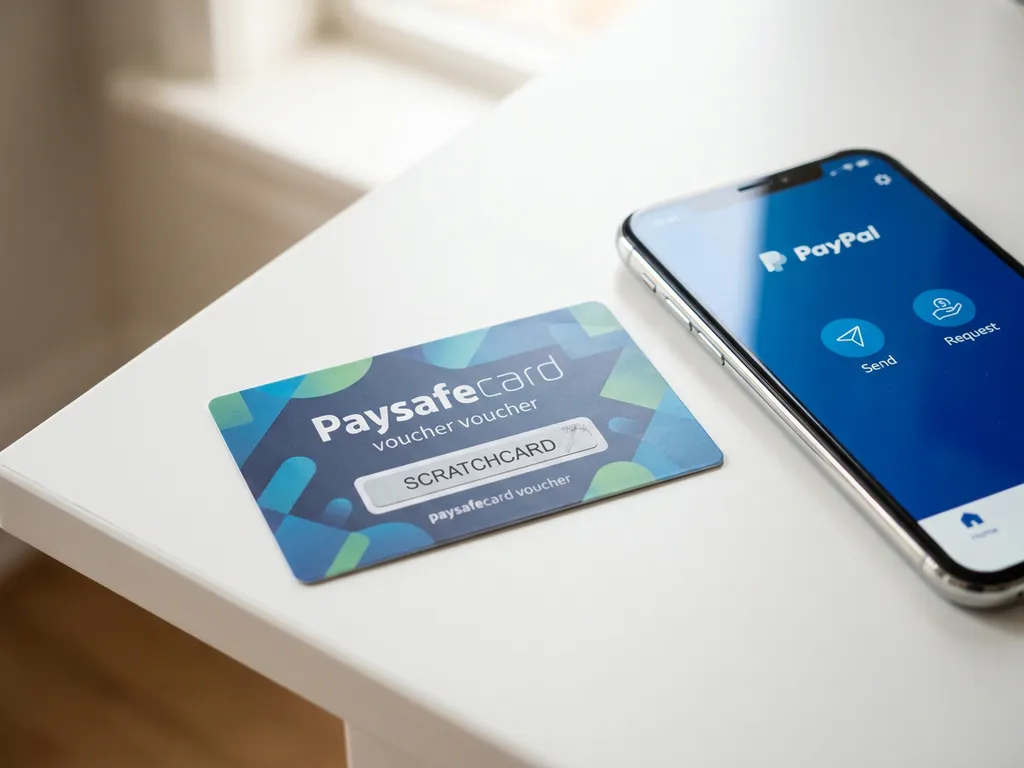 PaysafeCard-Gutschein in blau-grünem Design neben Smartphone mit PayPal-App auf weißem Schreibtisch bei Tageslicht