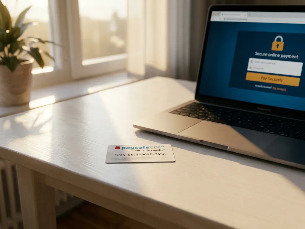 Paysafecard PIN-Code auf weißem Schreibtisch neben Laptop mit sicherer Zahlungsseite, warmes Fensterlicht