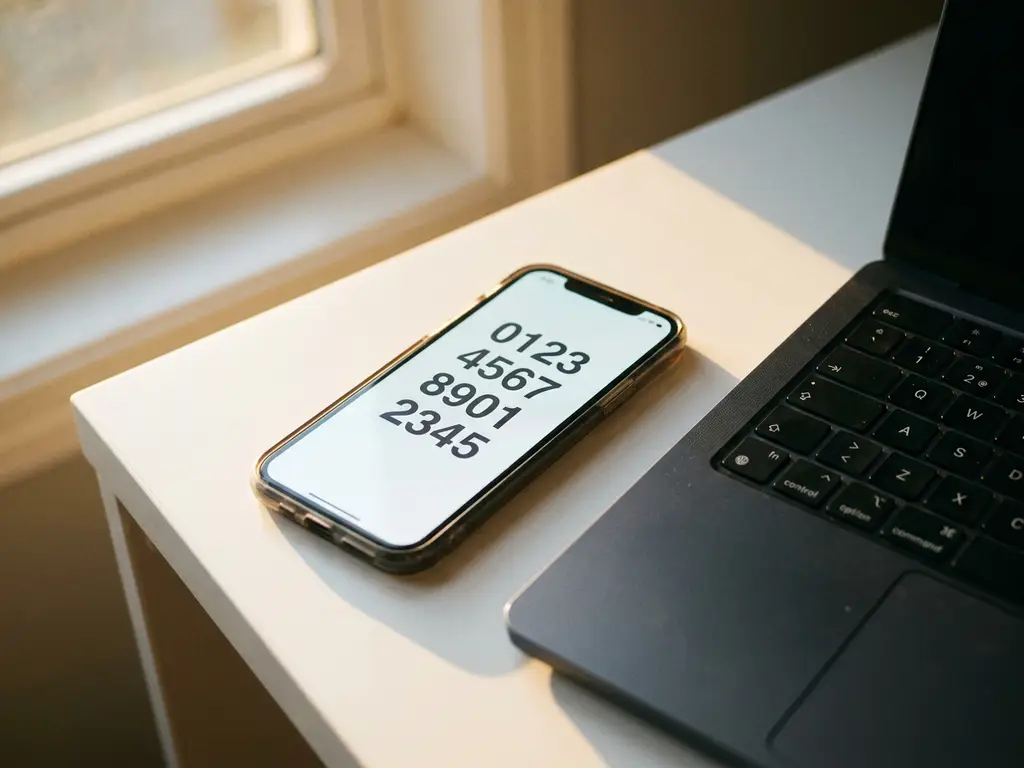 Smartphone mit PaysafeCard PIN-Code auf weißem Schreibtisch neben Laptop-Tastatur bei goldenem Sonnenlicht