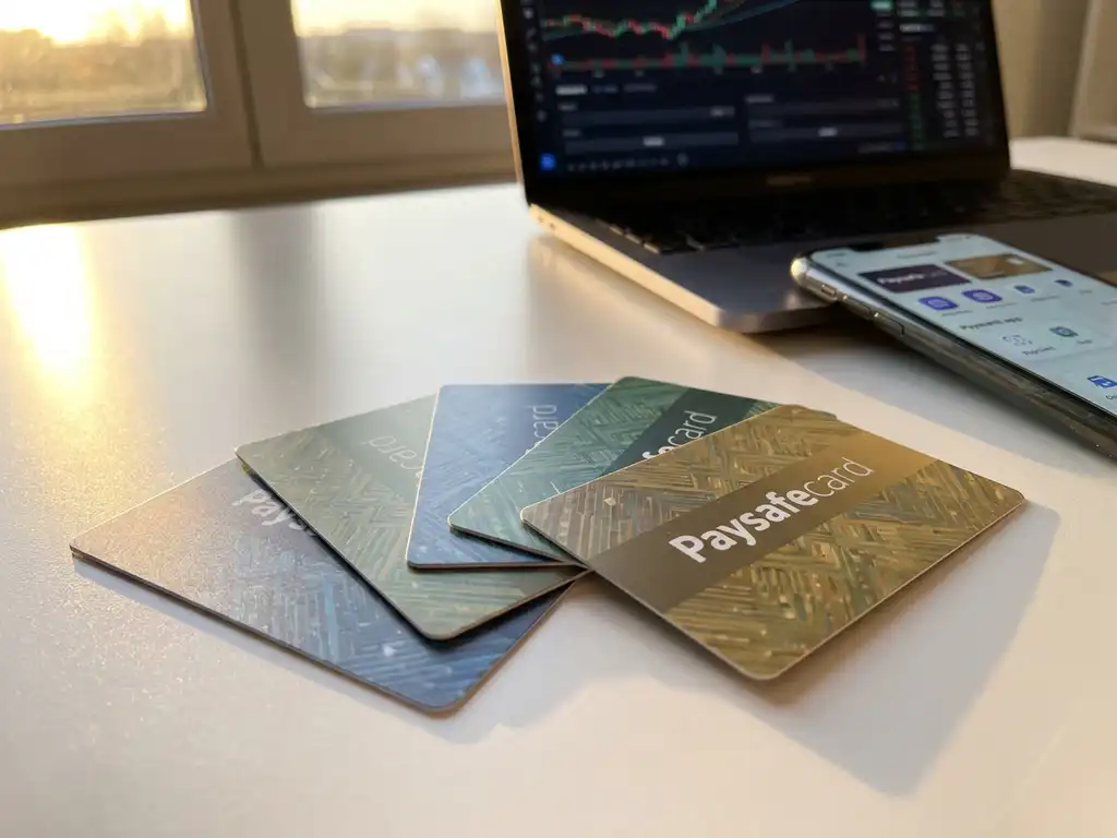 Bunte PaysafeCard-Gutscheine aufgefächert neben Laptop mit Preisvergleichsdiagrammen und Smartphone mit Payment-Apps