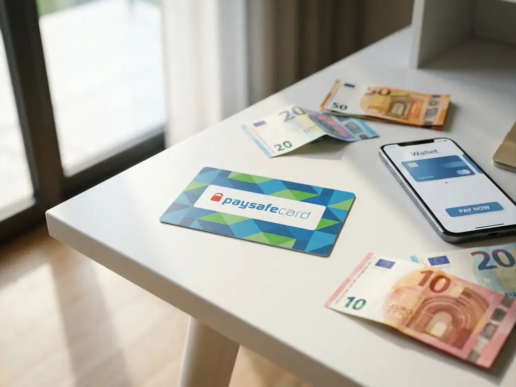 PaysafeCard-Gutschein in blau-grünem Design auf weißem Schreibtisch mit Euro-Banknoten und Smartphone mit Zahlungsschnittstelle