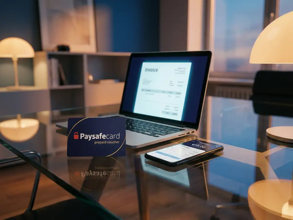 PaysafeCard-Gutschein auf Glastisch neben Laptop mit Rechnung und Smartphone in modernem Büro