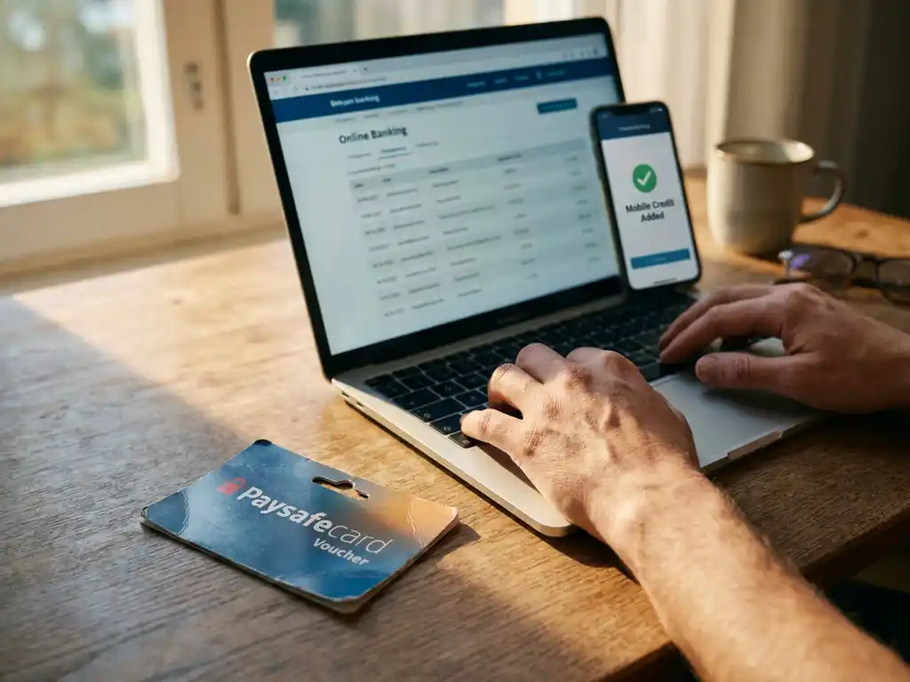 PaysafeCard Prepaid-Gutschein auf Holzschreibtisch neben Laptop mit Transaktionsverlauf und Smartphone mit Kaufbestätigung