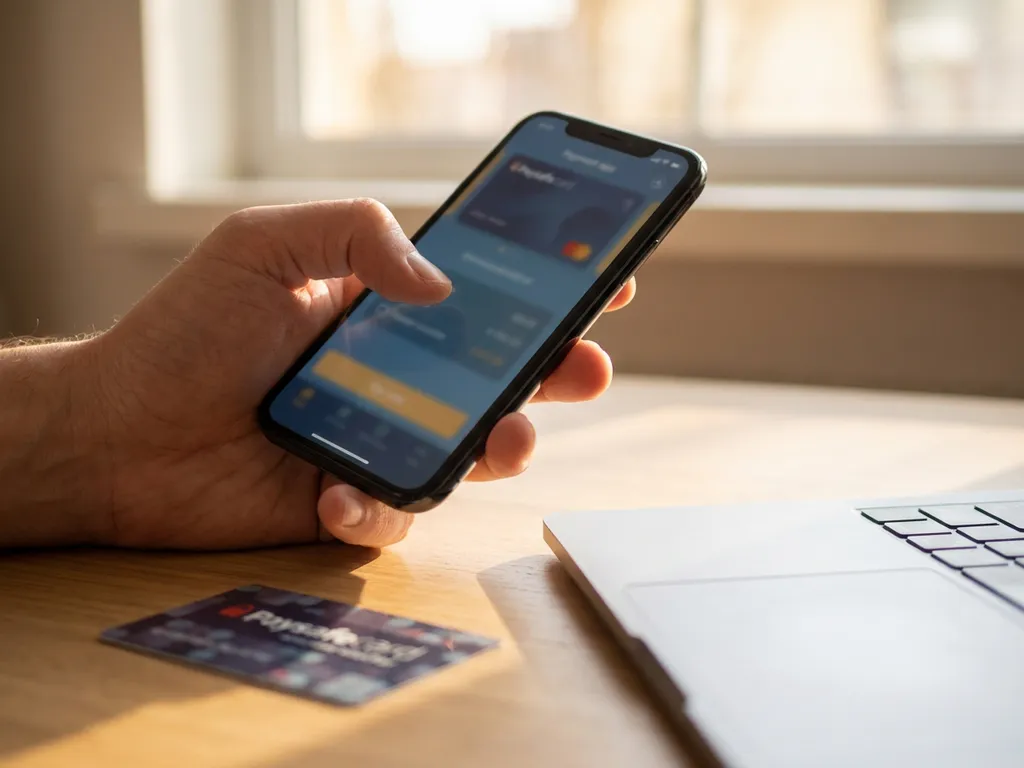 Hand hält schwarzes Smartphone mit digitaler Zahlungsschnittstelle neben PaysafeCard-Gutschein und Laptop-Tastatur auf Holzschreibtisch