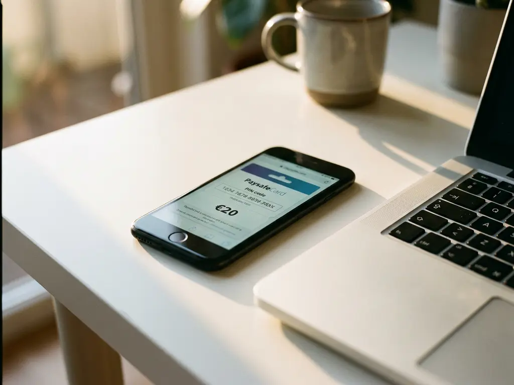 Smartphone mit digitalem PaysafeCard-Gutscheincode neben Laptop-Tastatur auf weißem Schreibtisch bei warmem Fensterlicht