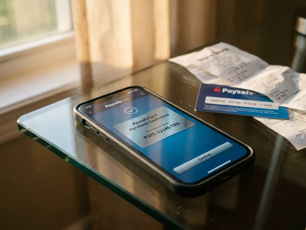 Smartphone zeigt PaysafeCard-Kaufbestätigung auf Glasschreibtisch mit physischer Karte und Kassenbons im Hintergrund