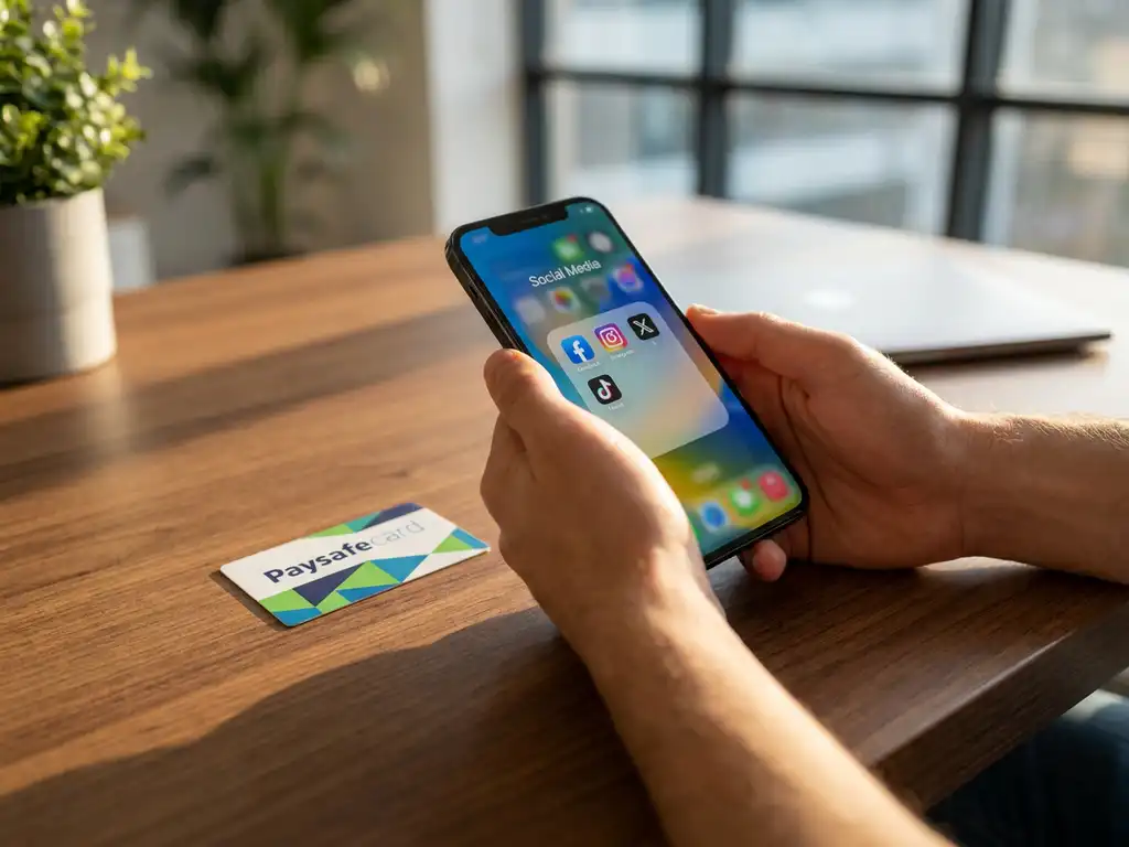 Hände halten Smartphone mit Social Media Apps neben PaysafeCard auf Holzschreibtisch im Sonnenlicht