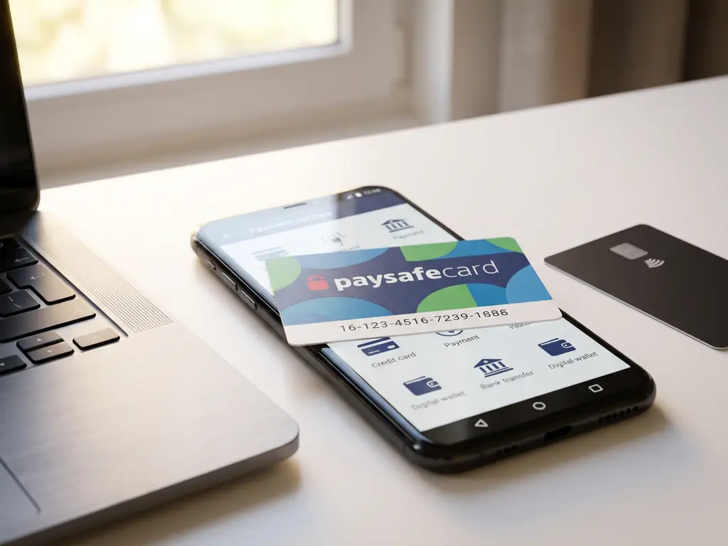 PaysafeCard-Gutschein in blau-grünem Design auf Smartphone-Display mit Zahlungssymbolen, umgeben von Laptop-Tastatur und Karte
