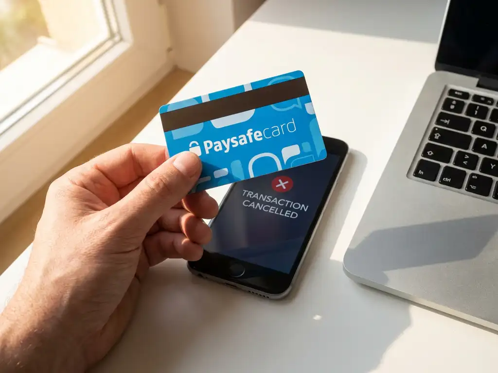 Hand hält blauen PaysafeCard-Gutschein über Smartphone mit Stornierungsbildschirm auf weißem Schreibtisch neben Laptop-Tastatur