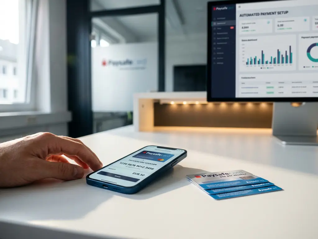 Smartphone mit PaysafeCard-Gutscheincode auf weißem Schreibtisch neben gestapelten Prepaid-Karten im modernen Büro