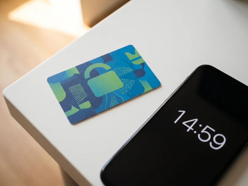 PaysafeCard-Gutschein in blau-grünem Design neben Smartphone mit Timer auf weißem Schreibtisch bei Tageslicht