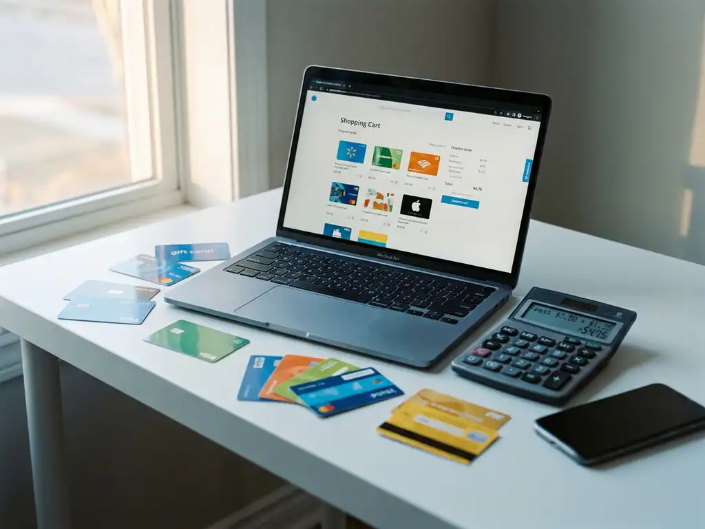 Silberner Laptop mit digitalem Einkaufswagen und bunte Prepaid-Karten auf weißem Schreibtisch neben Taschenrechner und Smartphone