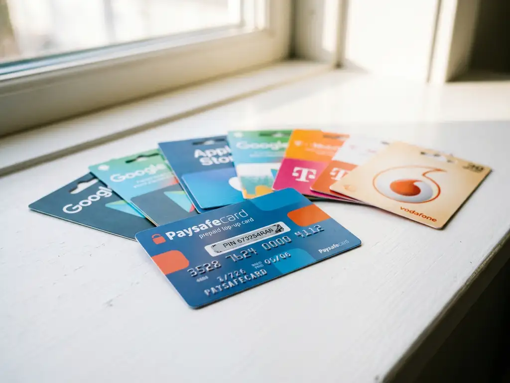 Bunte Prepaid-Karten fächerförmig auf weißem Schreibtisch ausgebreitet, eine Karte im Vordergrund mit plastischer Textur