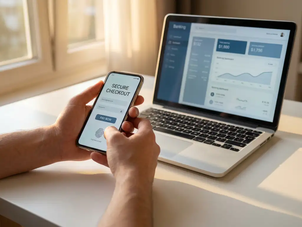Hände halten Smartphone mit sicherer Zahlungsanzeige neben Laptop mit Online-Banking auf weißem Schreibtisch