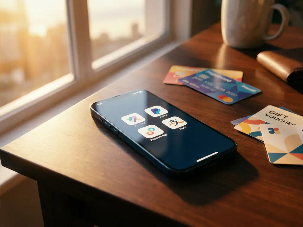 Smartphone mit Payment-Apps auf Holzschreibtisch neben Prepaid-Karten und Gutscheinen im warmen Sonnenlicht
