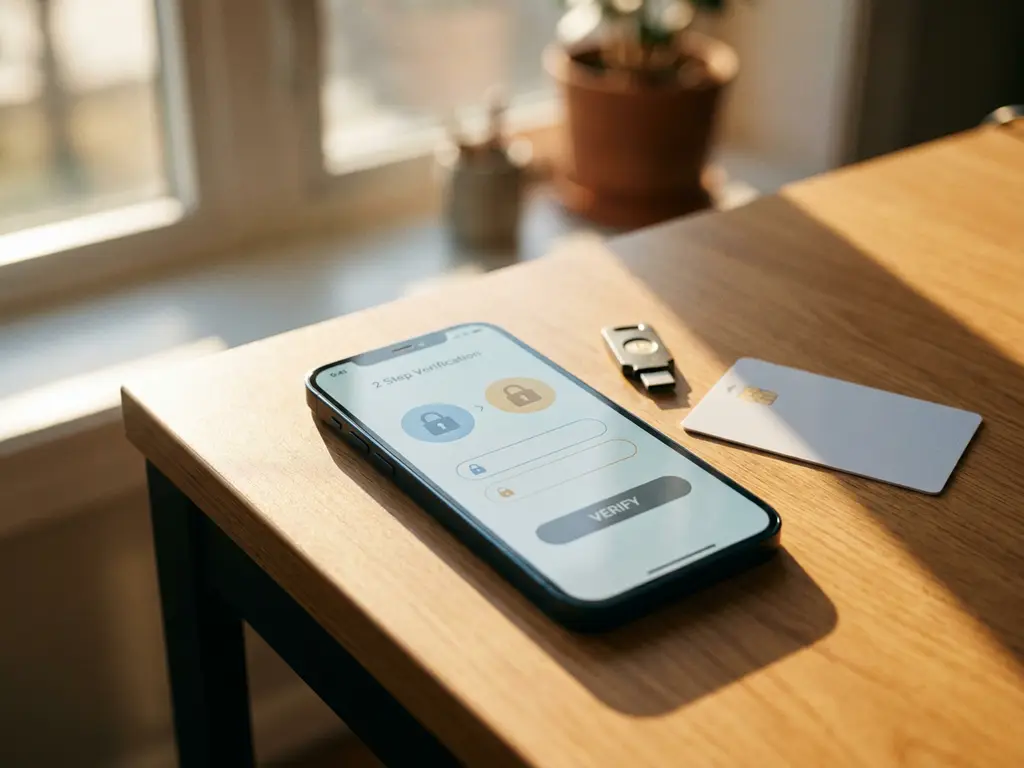 Smartphone mit Zwei-Faktor-Authentifizierung-Bildschirm neben Sicherheitsschlüssel auf Holzschreibtisch bei Tageslicht