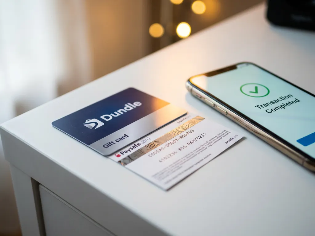 Dundle-Geschenkkarte und PaysafeCard-Gutschein nebeneinander auf weißem Tisch, daneben Smartphone mit abgeschlossener Transaktion.