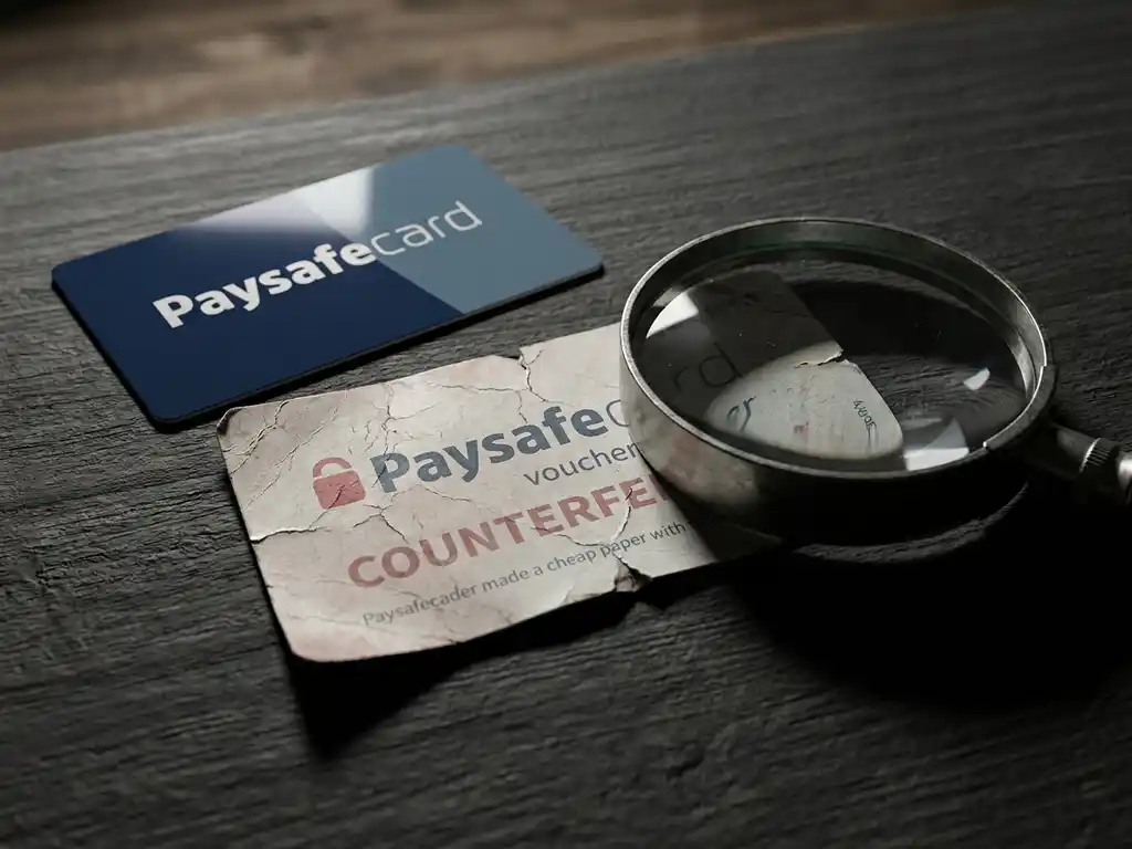 Gefälschte PaysafeCard mit Rissen neben echter Karte, Lupe zeigt Mängel auf verwittertem Schreibtisch im dramatischen Seitenlicht.