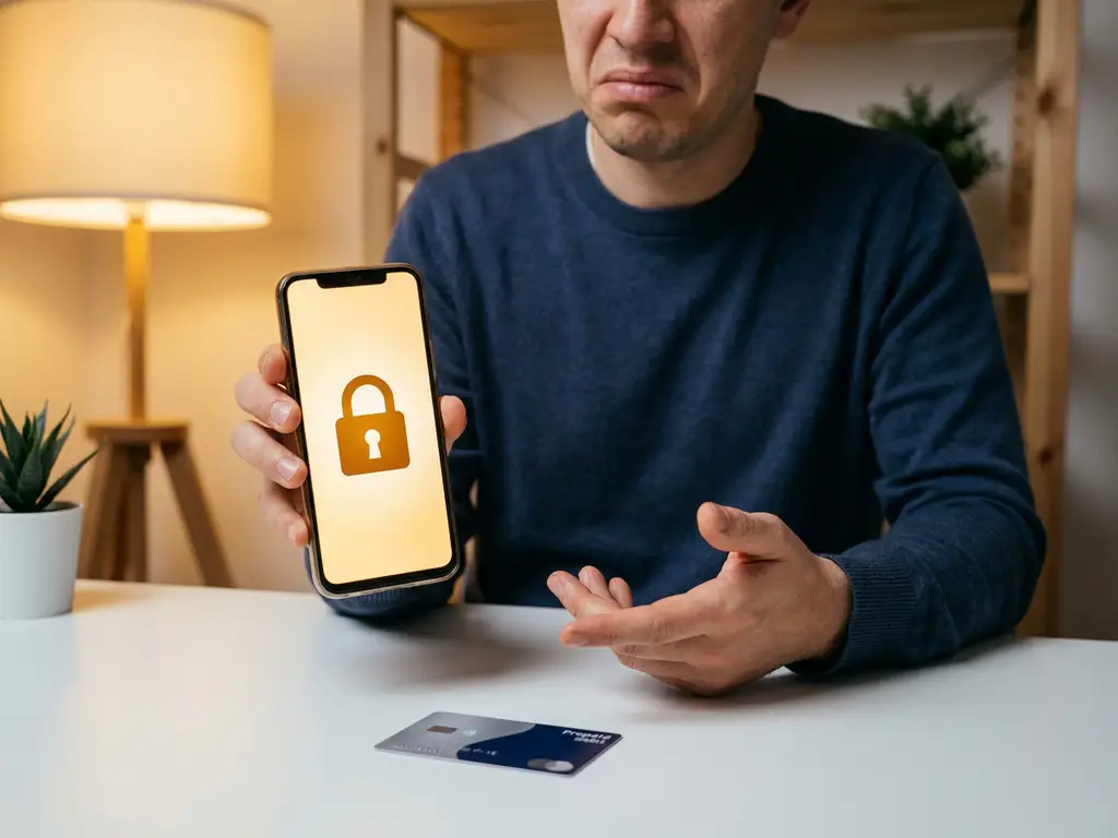 Frustrierte Person hält Smartphone mit Schloss-Symbol, Prepaid-Karte auf weißem Schreibtisch, warmes Innenlicht.