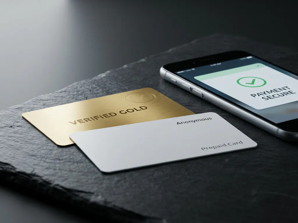 Goldene Mitgliedskarte und anonyme Prepaid-Karte auf dunklem Untergrund, daneben Smartphone mit Zahlungsbestätigung.