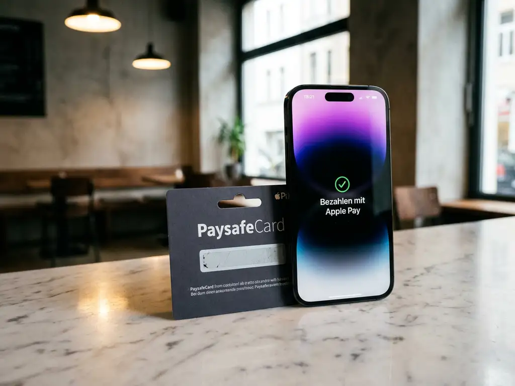 PaysafeCard-Gutschein neben iPhone mit Apple Pay-Bestätigungsbildschirm auf weißem Marmor, urbanes Café im Hintergrund.