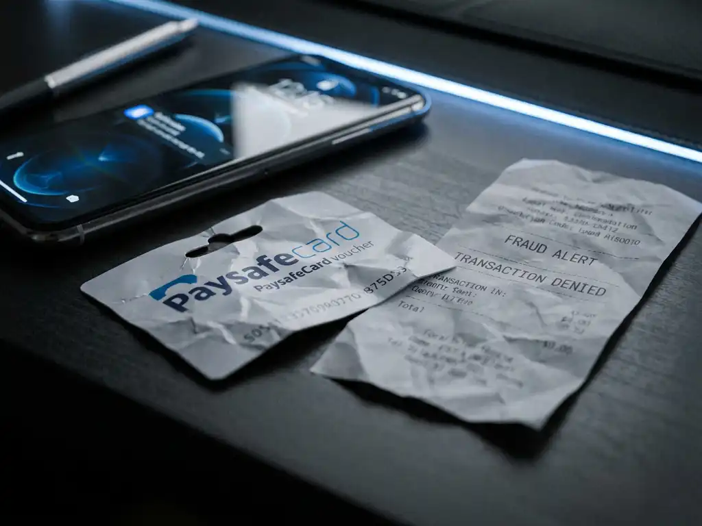 Zerknitterter PaysafeCard-Gutschein auf dunklem Schreibtisch neben Smartphone und zerrissenen Belegen, die auf Betrug hinweisen.