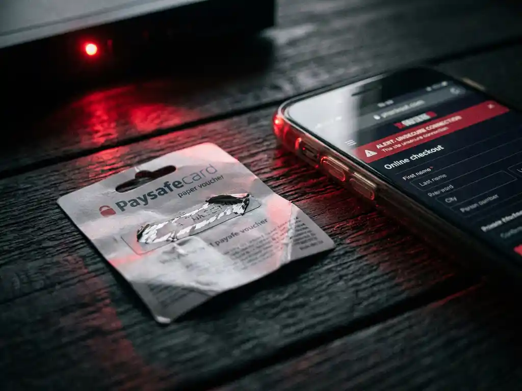 Zerknitterter PaysafeCard-Gutschein auf dunklem Holz neben Smartphone mit verdächtiger Zahlungsseite, rotes Warnlicht.