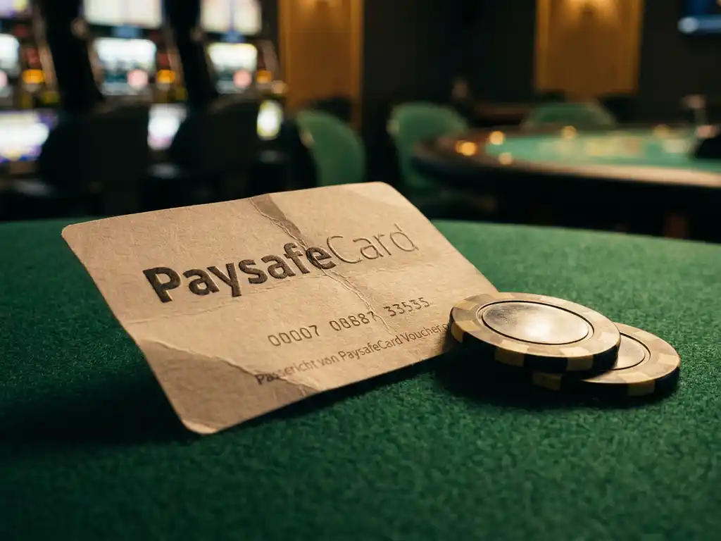 PaysafeCard-Gutschein auf grünem Casino-Filz neben goldenen Pokerchips, weiches Bokeh im Hintergrund.