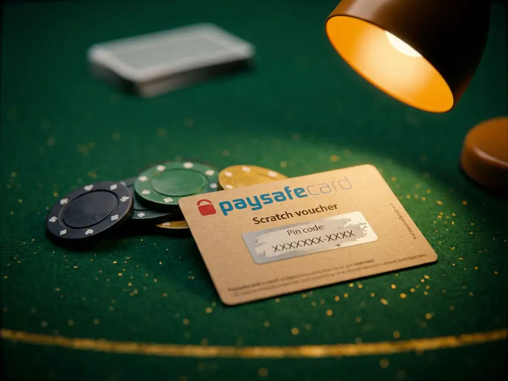 PaysafeCard-Gutschein auf grünem Casino-Filz neben Pokerchips, beleuchtet von warmem Licht.